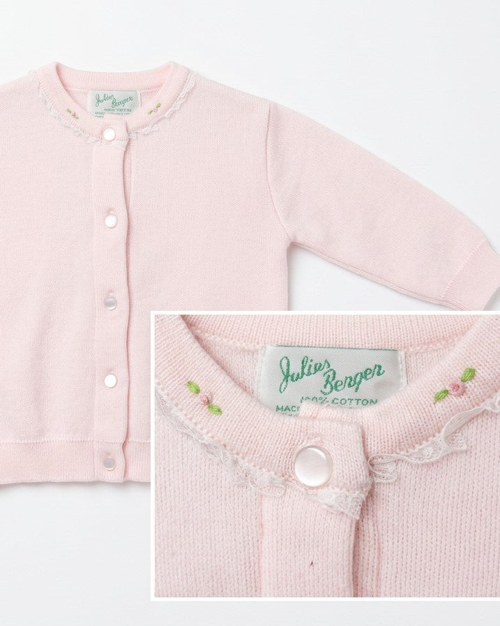 Carriage Boutique pink cotton cardigan for girls featuring delicate embroidered rosebuds and a lace-trimmed crew neck.