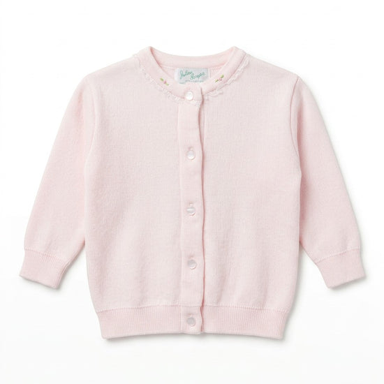 Carriage Boutique pink cotton cardigan for girls featuring a crew neck, button closure, and embroidered rosebud details.