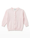 Carriage Boutique pink cotton cardigan for girls featuring a crew neck, button closure, and embroidered rosebud details.