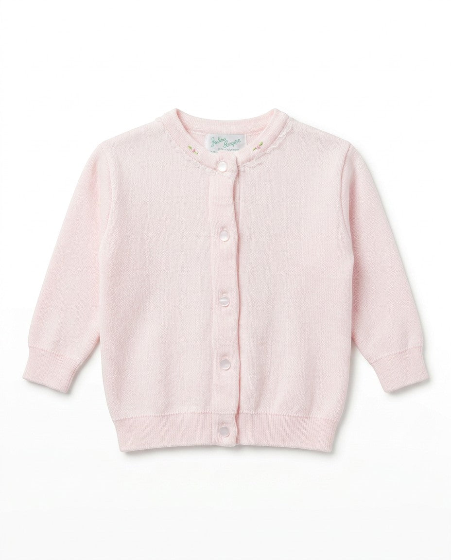 Carriage Boutique pink cotton cardigan for girls featuring a crew neck, button closure, and embroidered rosebud details.