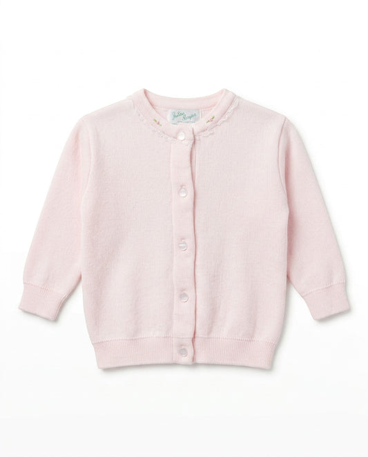 Carriage Boutique pink cotton cardigan for girls featuring a crew neck, button closure, and embroidered rosebud details.
