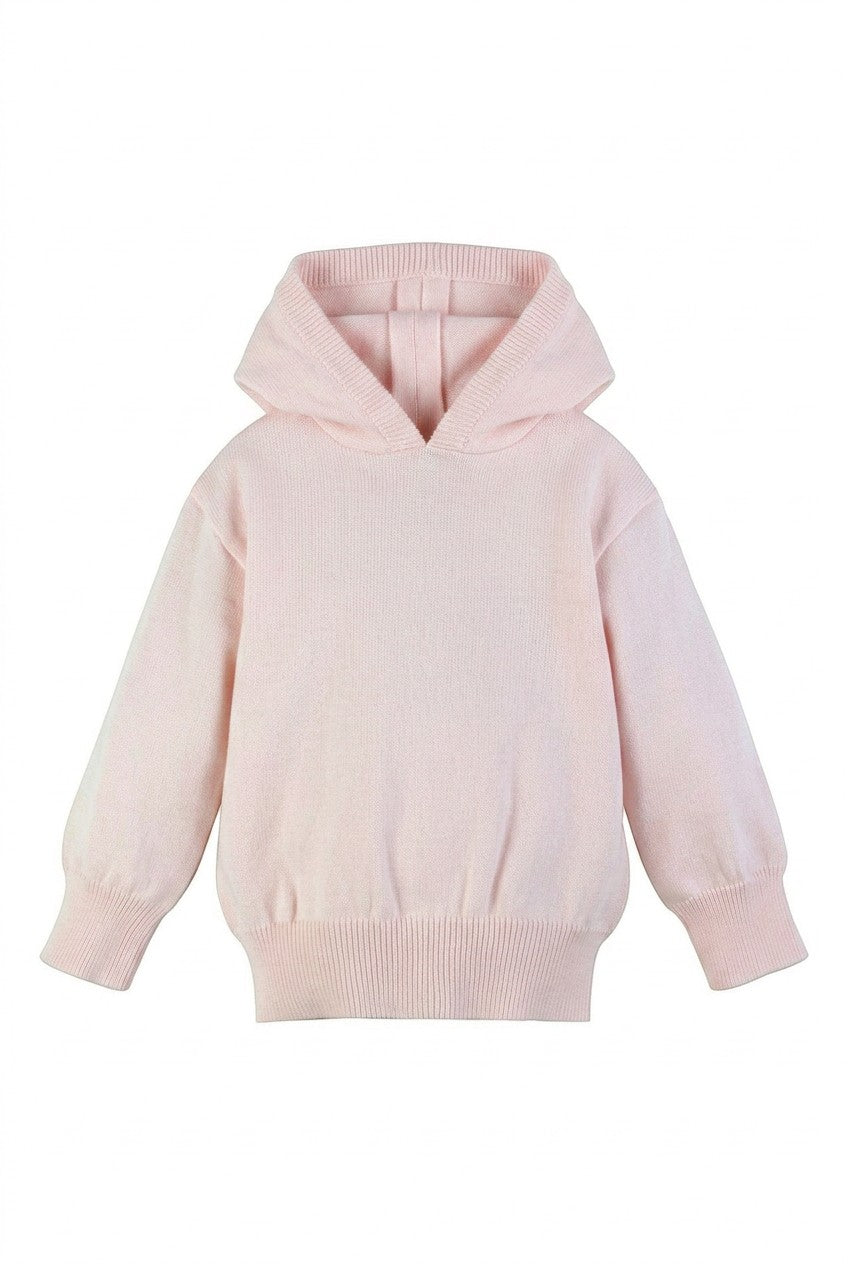 Carriage Boutique baby girl pastel pink cotton knit hooded sweater with ribbed cuffs and hem