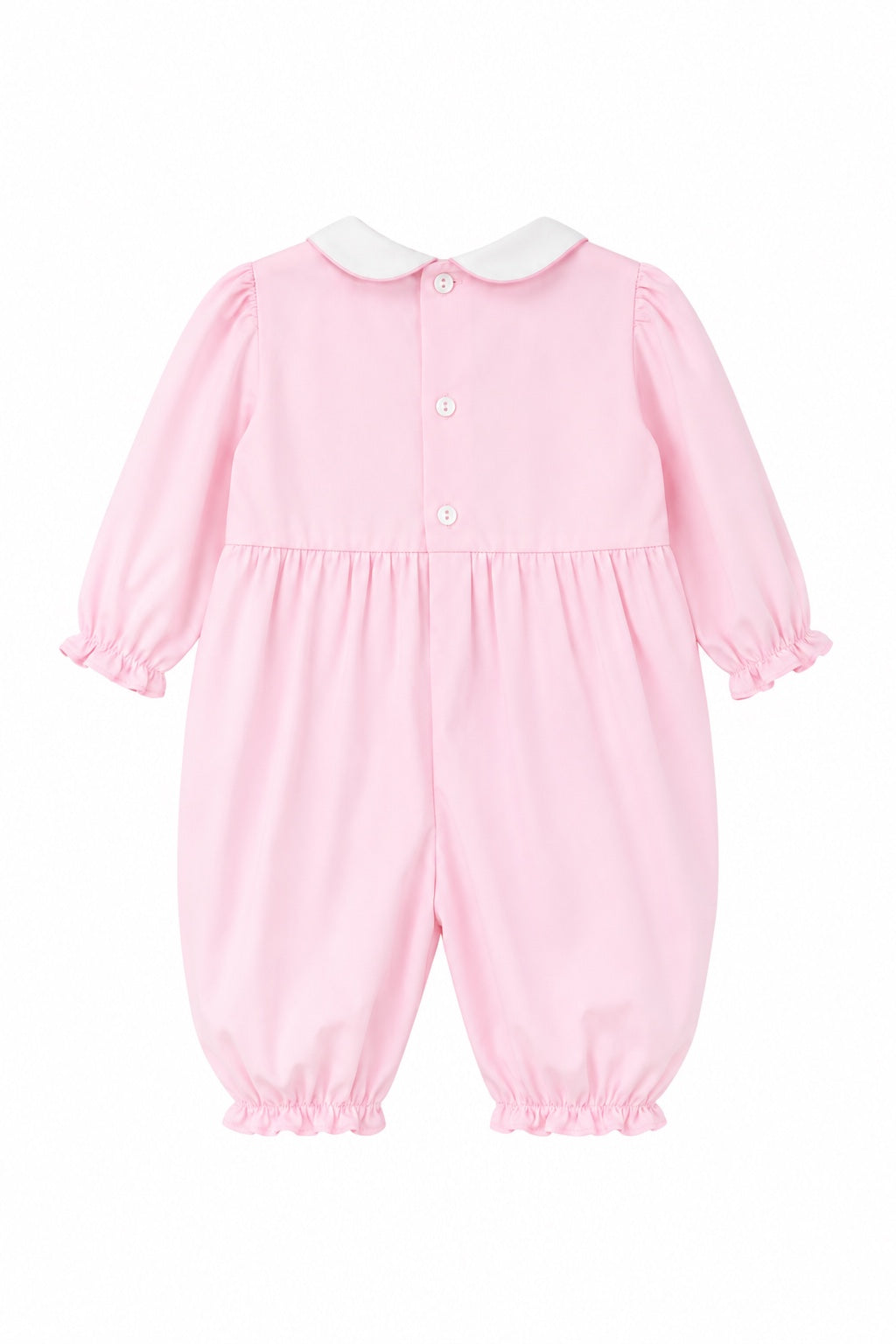 Carriage Boutique baby girl longall in soft pink cotton with a white peter pan collar and back button closure