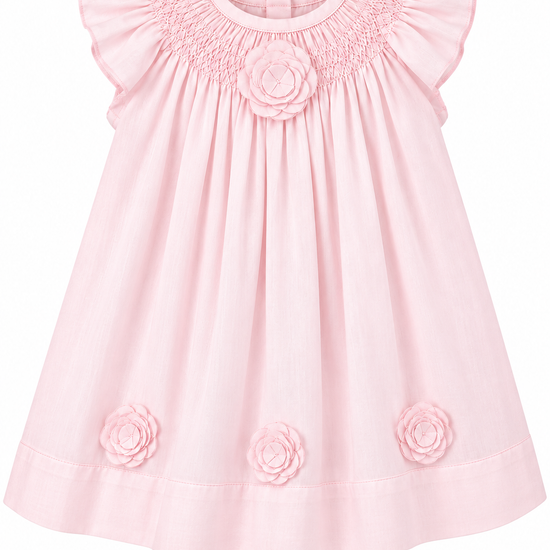 Carriage Boutique classic pink baby girl dress featuring delicate smocking, flutter sleeves, and 3D floral cut outs.