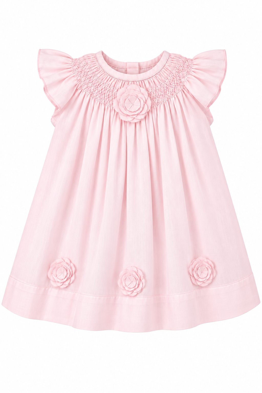 Carriage Boutique classic pink baby girl dress featuring delicate smocking, flutter sleeves, and 3D floral cut outs.
