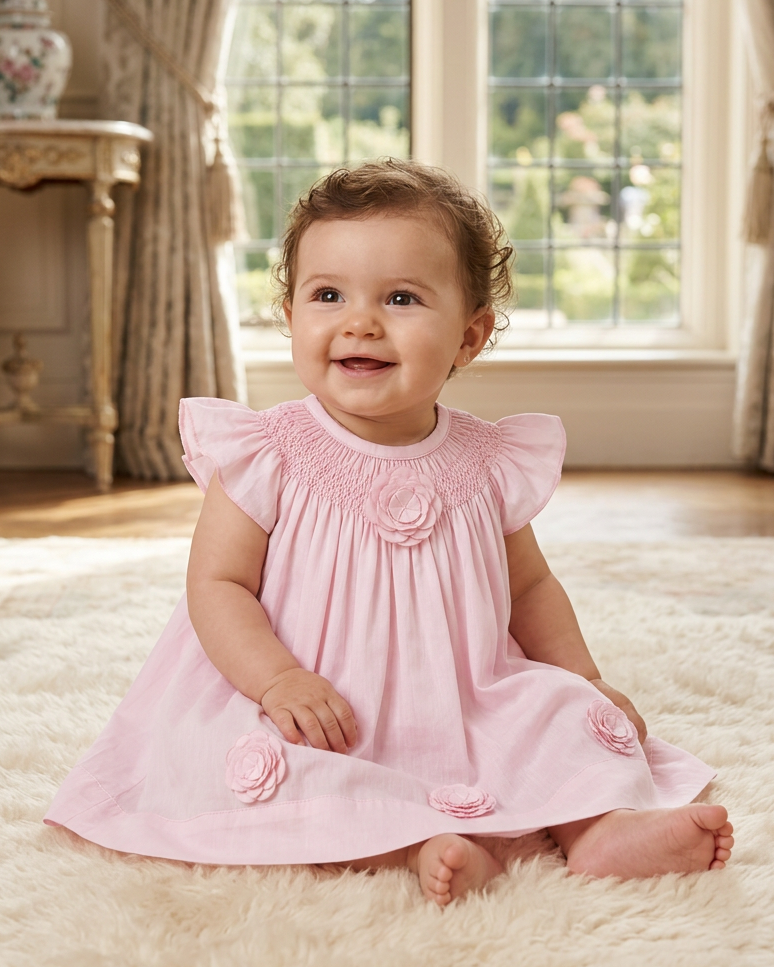 Carriage Boutique baby girl wearing a classic pink dress with smocked bodice and delicate cut-out flower details.
