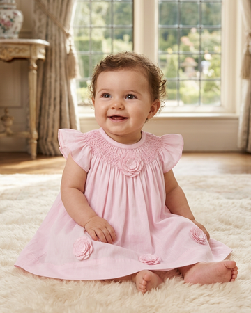 Carriage Boutique baby girl wearing a classic pink dress with smocked bodice and delicate cut-out flower details.
