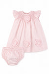 Carriage Boutique classic pink baby girl dress with smocked bodice and 3D cut-out flower details, includes bloomers.