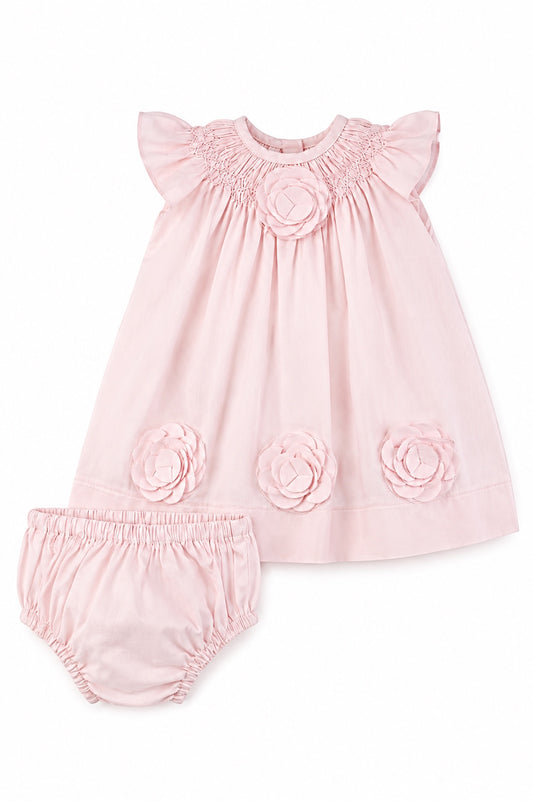 Carriage Boutique classic pink baby girl dress with smocked bodice and 3D cut-out flower details, includes bloomers.