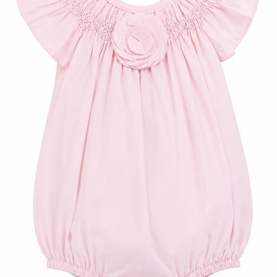 Carriage Boutique baby girl light pink bubble romper with ruffled sleeves and a decorative fabric flower detail