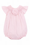 Carriage Boutique baby girl light pink bubble romper with ruffled sleeves and a decorative fabric flower detail