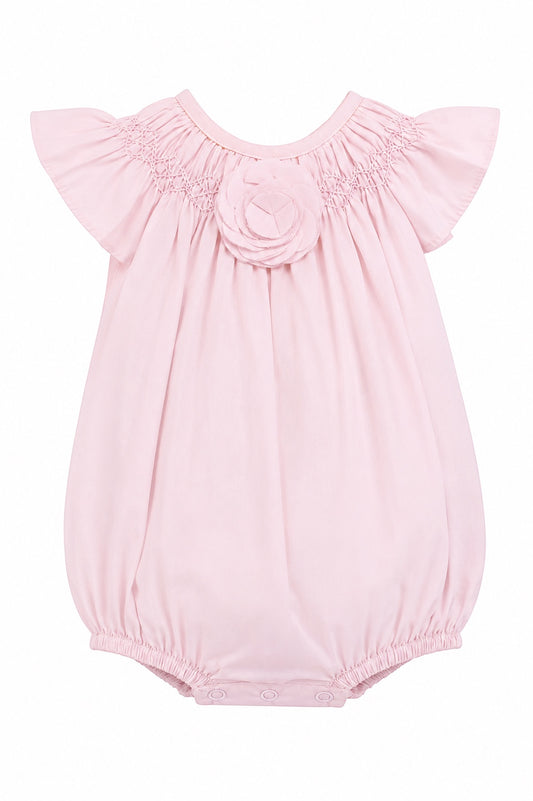 Carriage Boutique baby girl light pink bubble romper with ruffled sleeves and a decorative fabric flower detail