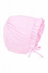 Carriage Boutique pink gingham baby bonnet with ruffled trim and tie closure, made from soft cotton.