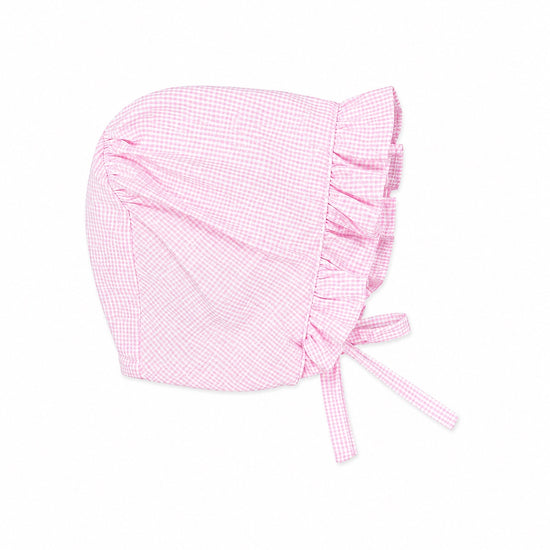 Carriage Boutique baby girl pink and white gingham bonnet with ruffled trim and side tie closure