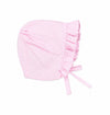 Carriage Boutique baby girl pink and white gingham bonnet with ruffled trim and side tie closure