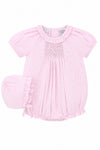 Carriage Boutique pink gingham cotton baby girl bubble romper with hand-embroidered smocking and matching bonnet hat.