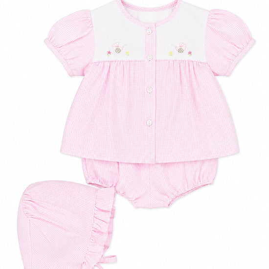 Carriage Boutique baby girl pink gingham bubble romper set with hand-embroidered carriage detail and matching bonnet