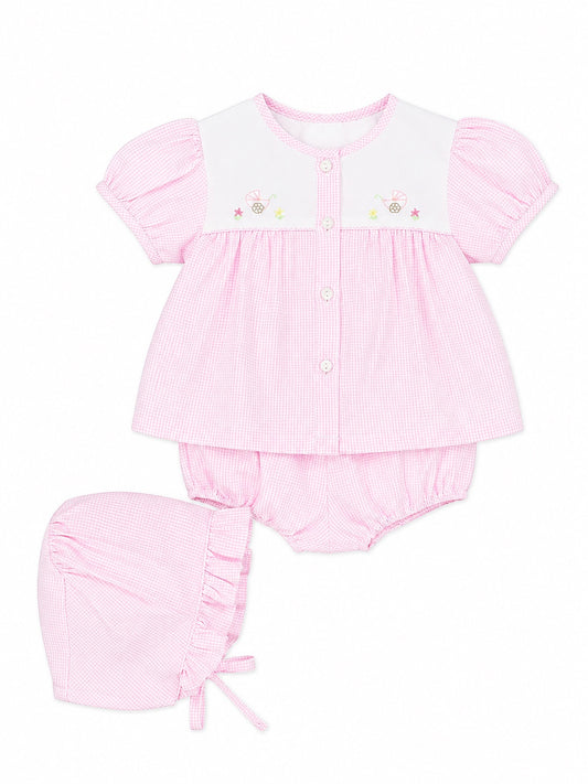 Carriage Boutique baby girl pink gingham bubble romper set with hand-embroidered carriage detail and matching bonnet