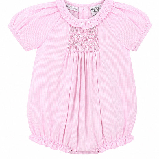 Carriage Boutique pink gingham cotton baby girl bubble romper with hand-embroidered smocking and ruffled collar