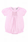Carriage Boutique pink gingham cotton baby girl bubble romper with hand-embroidered smocking and ruffled collar
