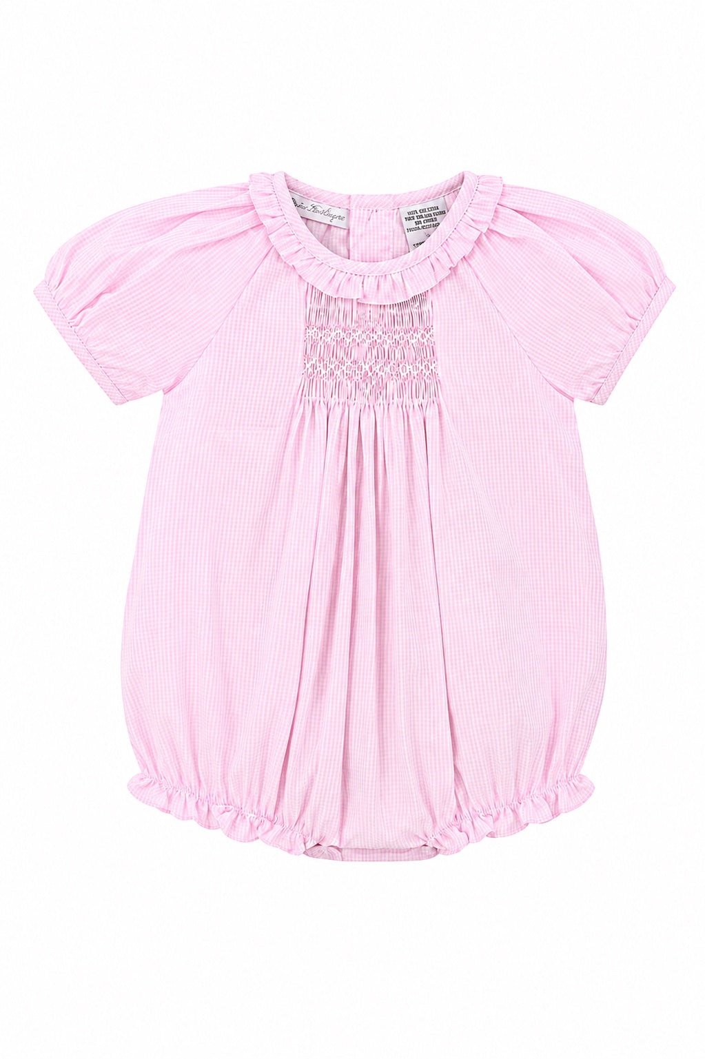 Carriage Boutique pink gingham cotton baby girl bubble romper with hand-embroidered smocking and ruffled collar