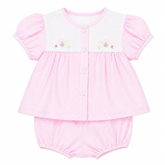 Carriage Boutique baby girl pink gingham bubble romper set with white yoke and hand-embroidered carriage detail