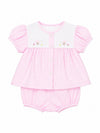 Carriage Boutique baby girl pink gingham bubble romper set with white yoke and hand-embroidered carriage detail