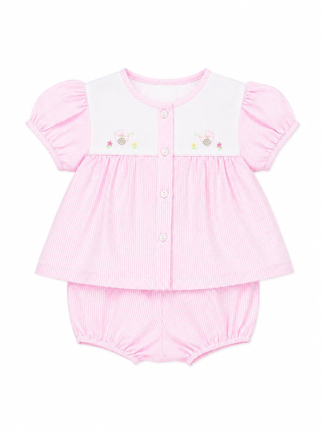 Carriage Boutique baby girl pink gingham bubble romper set with white yoke and hand-embroidered carriage detail