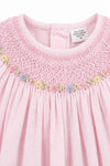Carriage Boutique pink gingham baby girl bishop dress with hand-embroidered floral smocking and flutter sleeves