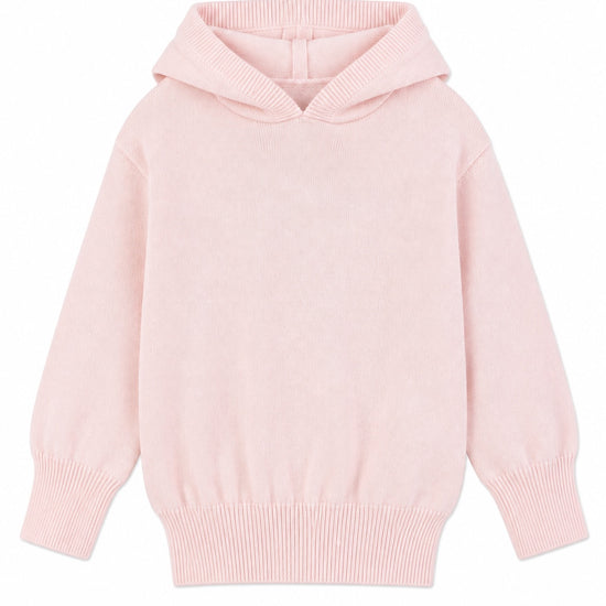 Carriage Boutique baby girl pink cotton knit hooded sweater with ribbed cuffs and hem on a white background