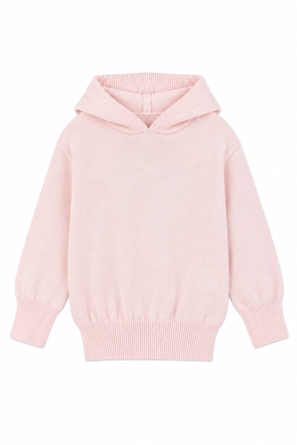 Carriage Boutique baby girl pink cotton knit hooded sweater with ribbed cuffs and hem on a white background