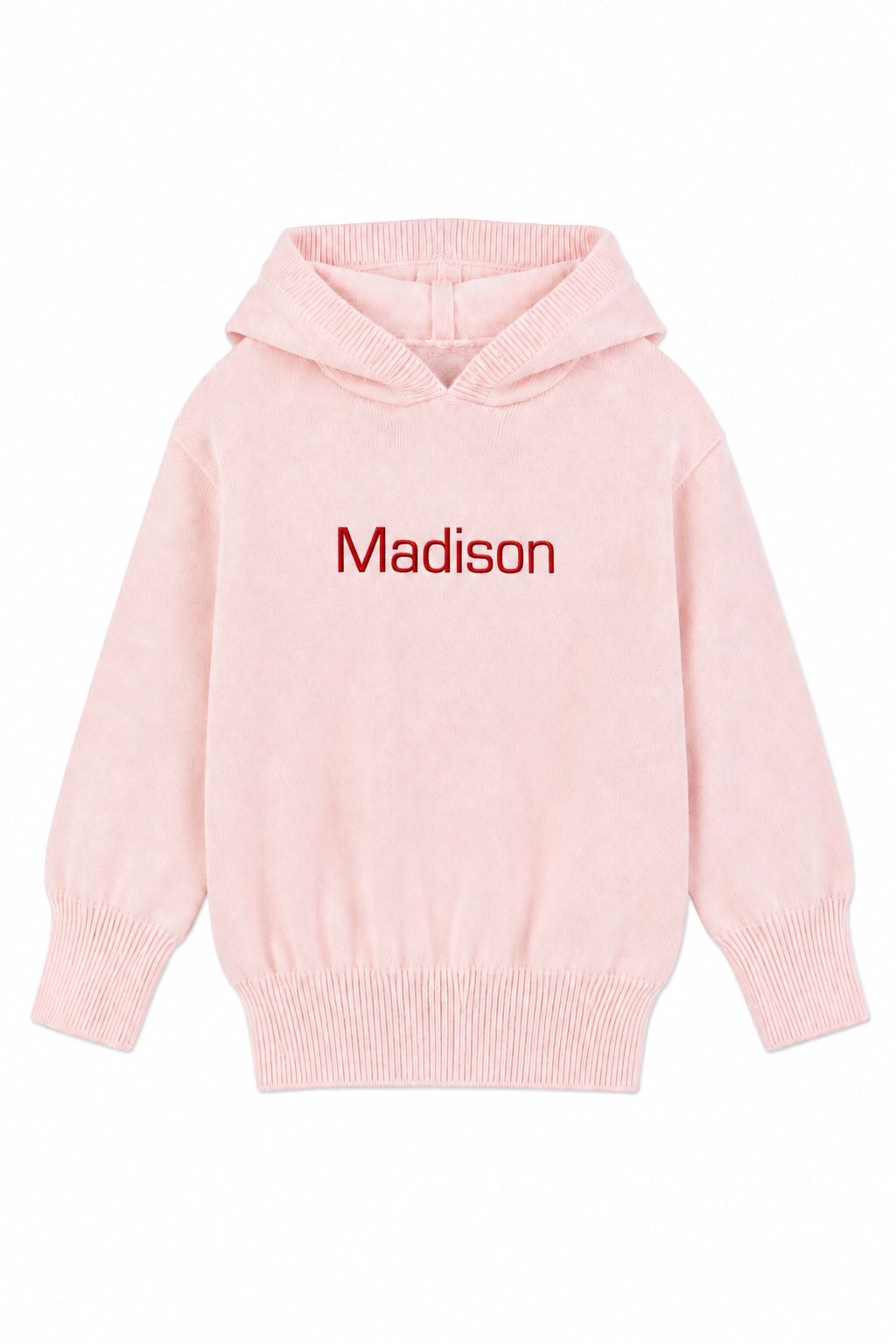 Carriage Boutique baby girl pink knit hoodie with Madison embroidered in red on the chest and ribbed trim