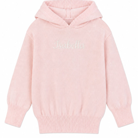 Carriage Boutique baby girl pink knit hooded sweater with Isabella embroidery and ribbed cuffs