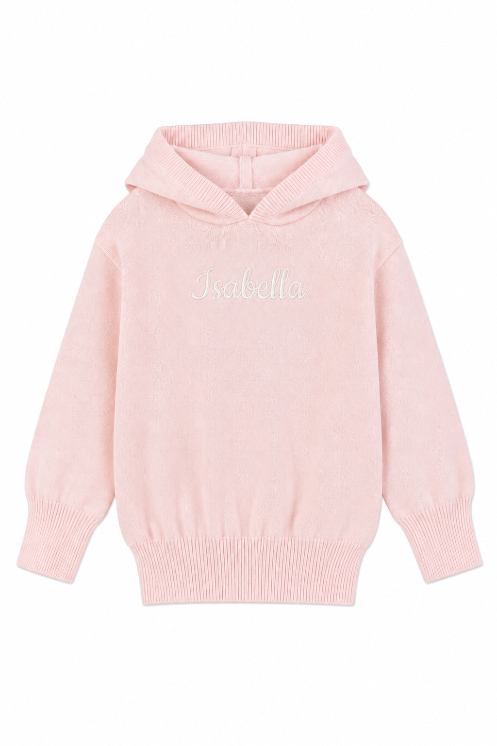 Carriage Boutique baby girl pink knit hooded sweater with Isabella embroidery and ribbed cuffs