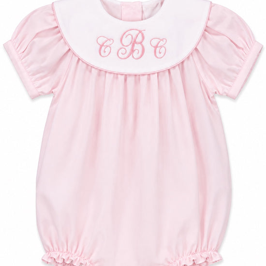 Carriage Boutique light pink cotton baby girl bubble romper with a white Peter Pan collar and custom monogram detail.