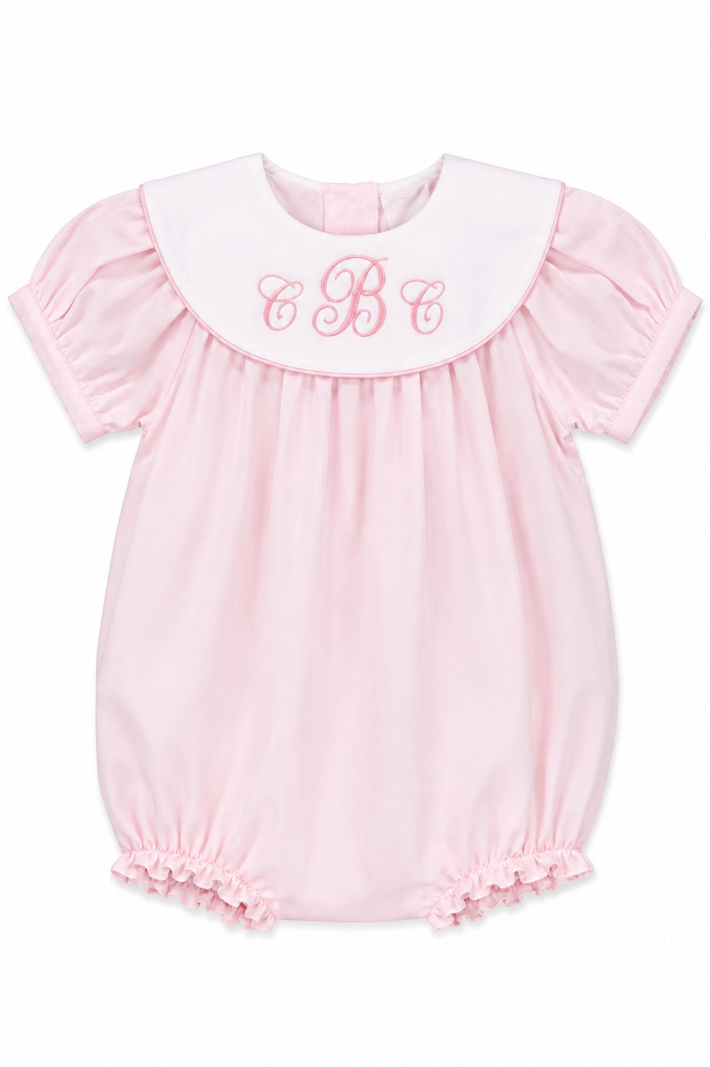 Carriage Boutique light pink cotton baby girl bubble romper with a white Peter Pan collar and custom monogram detail.