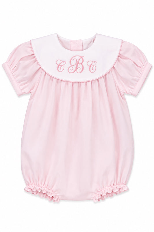 Carriage Boutique light pink cotton baby girl bubble romper with a white Peter Pan collar and custom monogram detail.