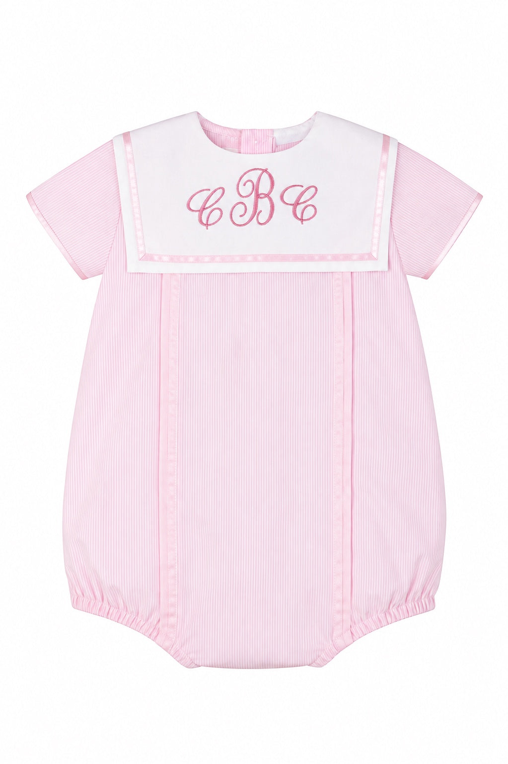 Carriage Boutique pink pinstripe baby bubble romper with a white Peter Pan collar and custom monogram embroidery.
