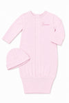 Carriage Boutique pink newborn sleep sack with matching hat, featuring scalloped cuffs and custom name embroidery.