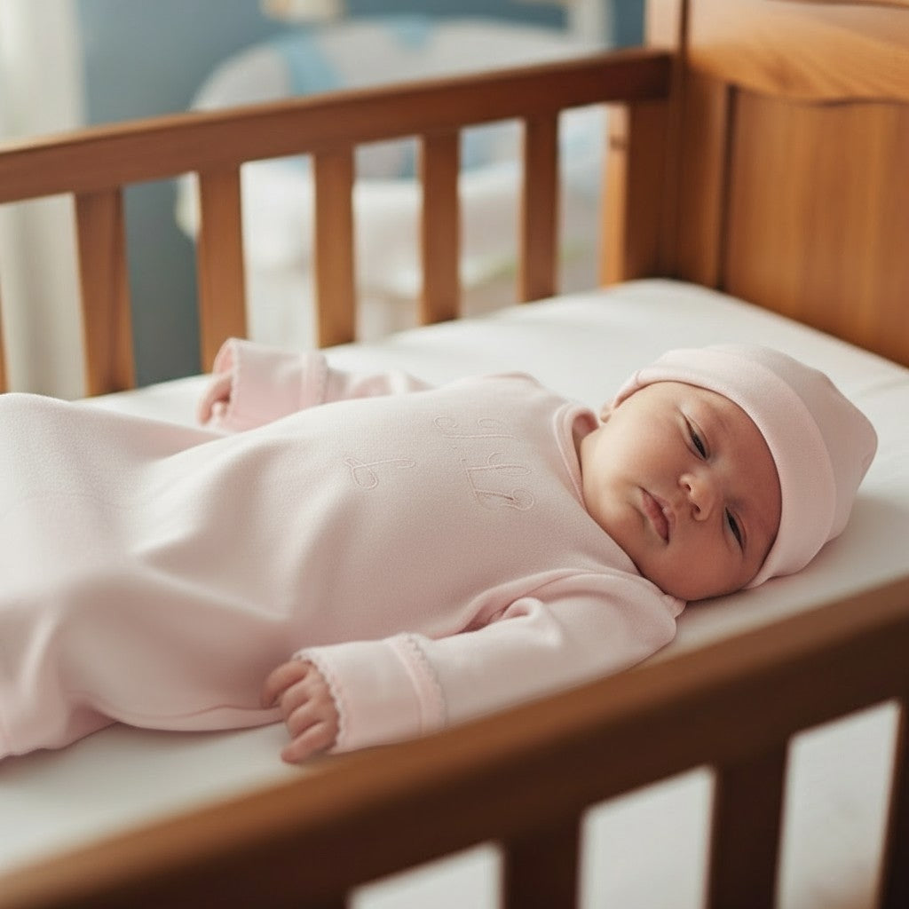 Carriage Boutique newborn baby wearing a soft pink sleep sack and matching hat with scalloped trim in a wooden crib.