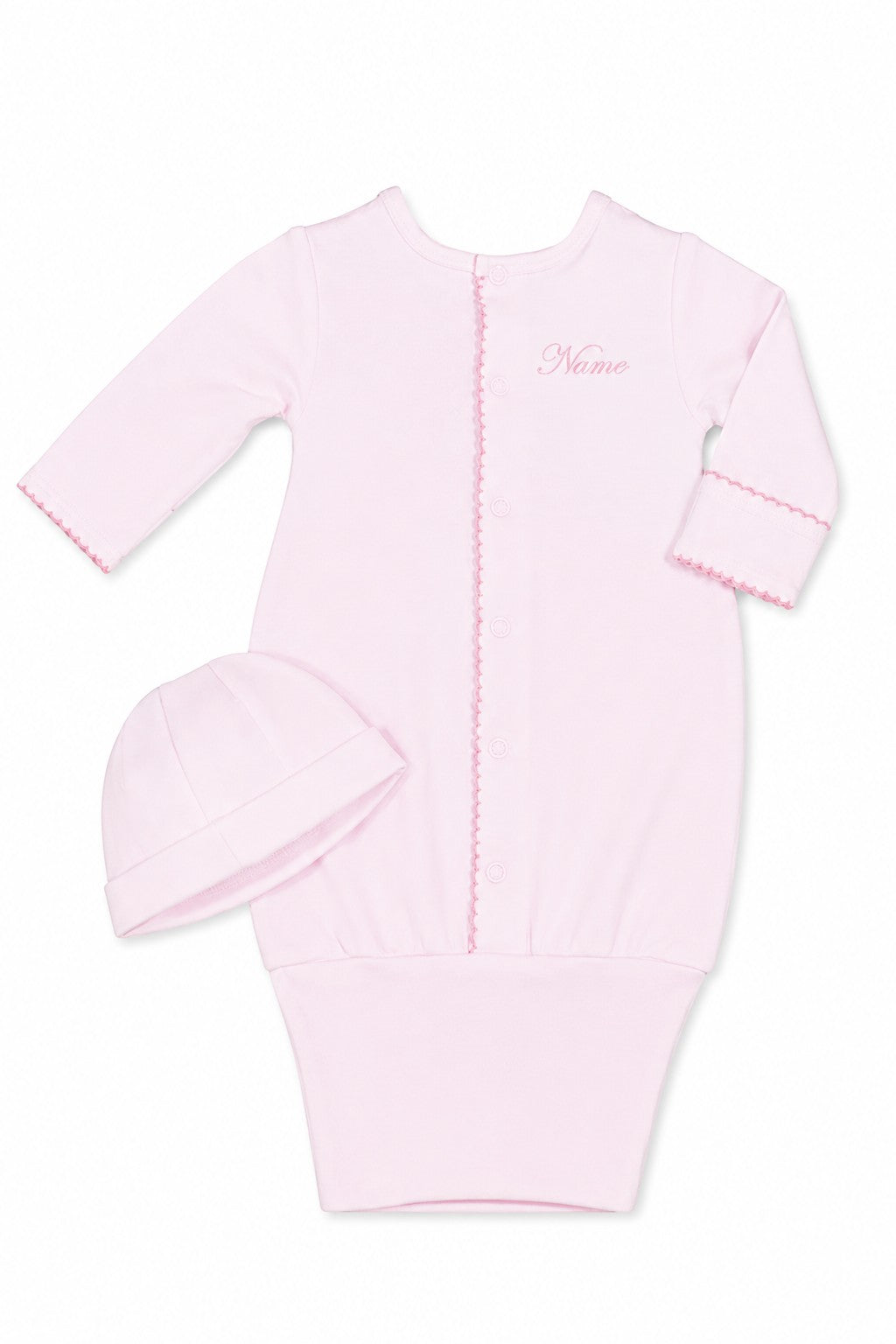 Carriage Boutique pink newborn sleep sack with matching hat, featuring scalloped trim and customizable monogram area.