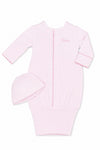 Carriage Boutique pink newborn sleep sack with matching hat, featuring scalloped trim and customizable monogram area.