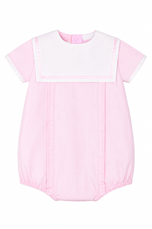 Carriage Boutique pink pinstripe baby bubble romper with a white sailor collar and short sleeves