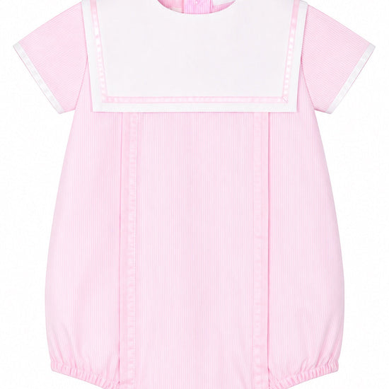 Carriage Boutique pink pinstripe baby bubble romper with a white sailor collar and short sleeves.