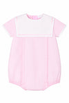 Carriage Boutique pink pinstripe baby bubble romper with a white sailor collar and short sleeves.