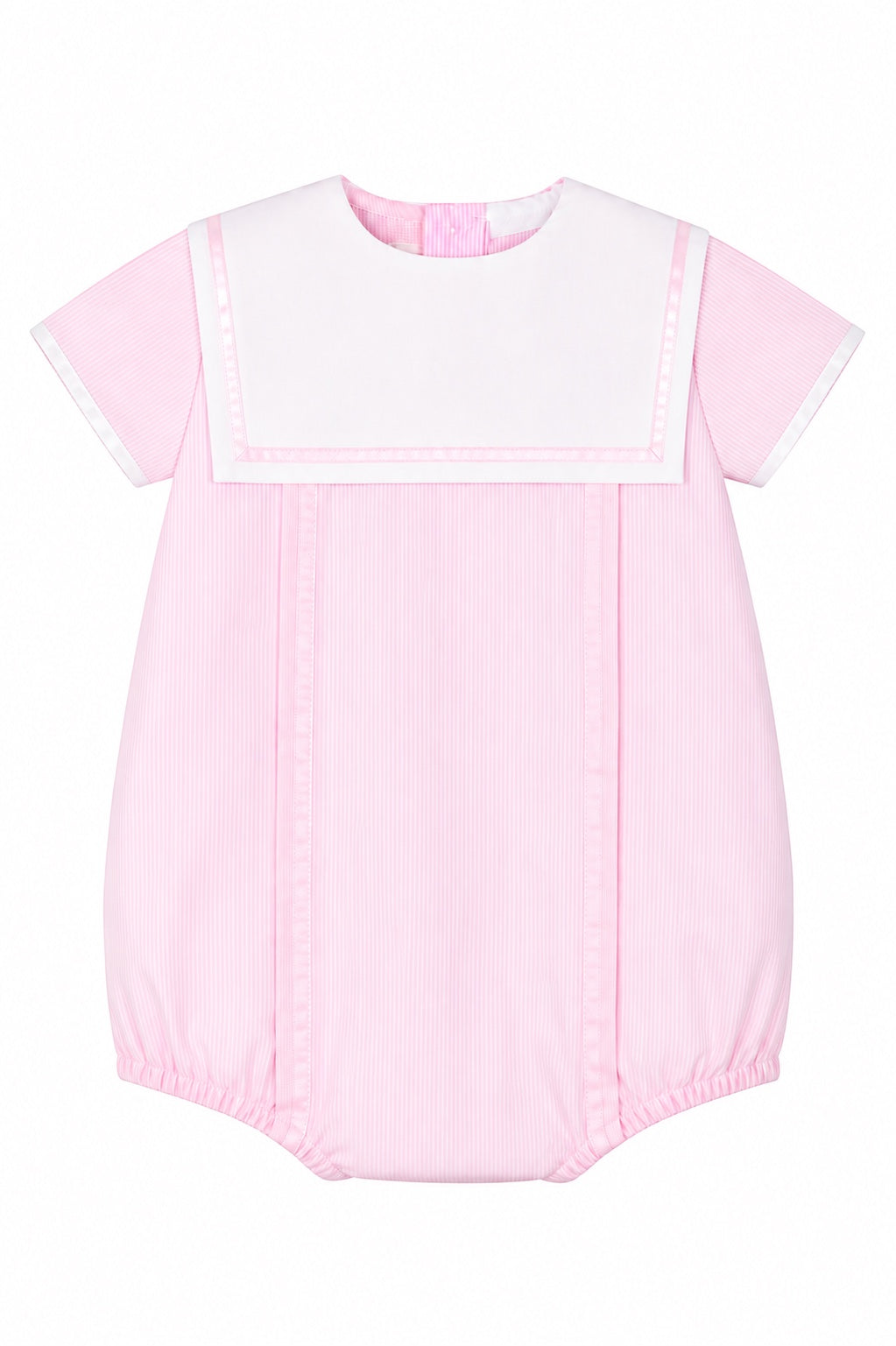 Carriage Boutique pink pinstripe baby bubble romper with a white sailor collar and short sleeves.