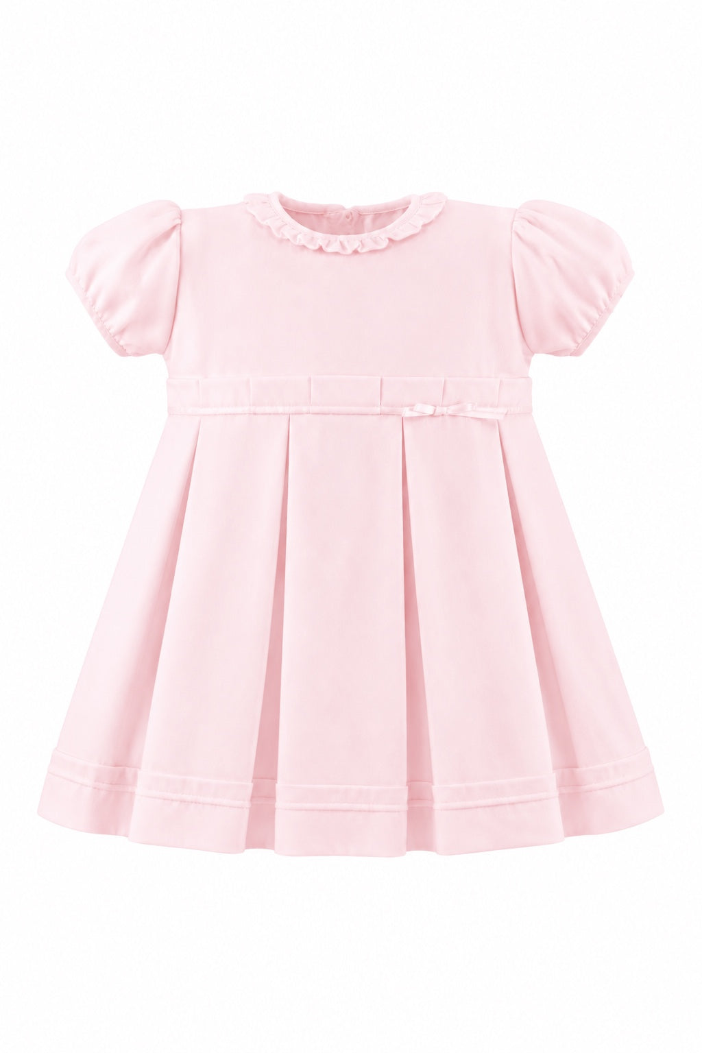 Carriage Boutique pink pique baby girl dress with a ruffled collar, puff sleeves, and a pleated skirt.
