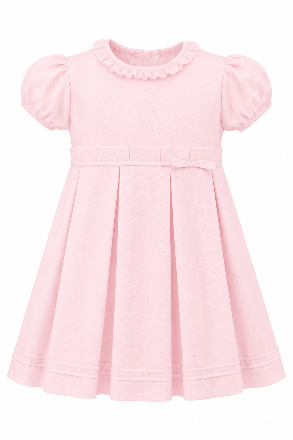 Carriage Boutique baby and toddler girl dress in soft pink pique fabric with a ruffled collar and pleated skirt.