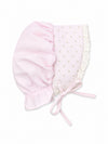 Carriage Boutique baby bonnet in pink with rosebud print, featuring delicate lace trim and ribbon tie closure.