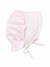 Carriage Boutique baby bonnet in pink with rosebud print, featuring white lace trim and a soft fabric tie closure.